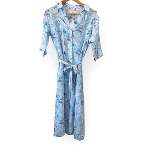 HIHO Tortola BVI Linen Midi Seaside Lucy Belted Shirt Dress Small Side Slits